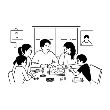 A family of four is gathered around a large rectangular table. The parents, a father with short hair and a casual shirt, and a mother with long hair tied back and wearing a sweater, are engaged in the game. The two children, a boy and a girl, are sitting at the table, both focused on the game pieces. The table is cluttered with various board games, dice, and snacks. The walls behind them are adorned with family photos, and a window lets in light, casting shadows across the table. The atmosphere appears lively and engaging as they all smile and interact.