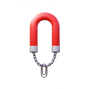 A 3D icon of a magnet with a red and silver finish. The magnet is positioned above a chain of shiny metal paperclips, which are suspended mid-air, demonstrating the force of attraction. The chain of paperclips is slightly curved, creating a dynamic visual effect. There are subtle highlights on both the magnet and paperclips to emphasize their metallic surfaces.