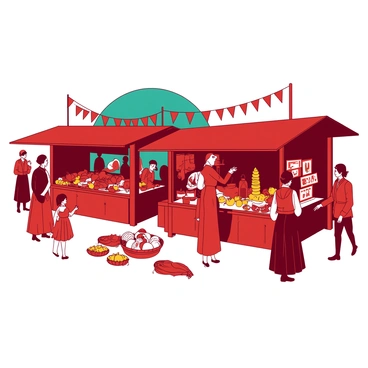 A red Victorian market scene is filled with people bustling around. There are numerous stalls made of wood, each displaying a variety of goods. One stall features colorful fruits stacked high, while another showcases an array of intricate handcrafted items. People dressed in period clothing are engaging in conversation and bartering for goods. In the background, a teal sky is visible, and small decorative bunting hangs above the stalls, adding to the lively atmosphere. A few children are playing nearby, creating a sense of vibrancy and community.