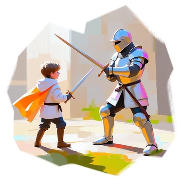 A young pageboy with tousled brown hair is practicing sword skills under the watchful eye of a seasoned knight. The knight, clad in shining armor adorned with intricate designs, stands in a confident stance, demonstrating a precise sword technique. The pageboy, wearing a simple tunic and trousers, mimics the knight's movements with a wooden sword in hand, showing determination on his face. They are surrounded by a grassy training yard with a stone castle wall in the background, and the sun casts soft shadows as they engage in their lesson.