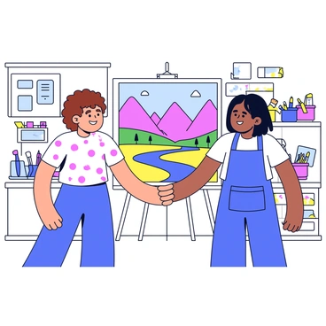A bright, spacious studio filled with colorful paint supplies and brushes. Two artists are standing side by side, each holding hands with the other. One artist has curly brown hair and is wearing a white shirt splattered with paint, while the other artist has straight black hair and is dressed in a blue apron. In front of them is a large mural depicting a vibrant landscape with mountains and trees. The artists are smiling and looking at the mural as they collaborate on the design. The walls of the studio are filled with sketches and paint samples, adding to the creative atmosphere.