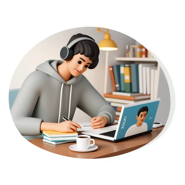 A student, wearing a comfortable grey hoodie and black headphones, is sitting at a wooden desk in a cozy study space. The desk is cluttered with books, a notebook, and a cup of steaming coffee. A laptop is open in front of the student, displaying a "Zoom" interface with a teacher speaking on the screen. The student is leaning slightly forward, with focused eyes, taking notes on a yellow notepad. In the background, a bookshelf is filled with various books, and a warm desk lamp casts a soft glow over the scene, creating an inviting study atmosphere.