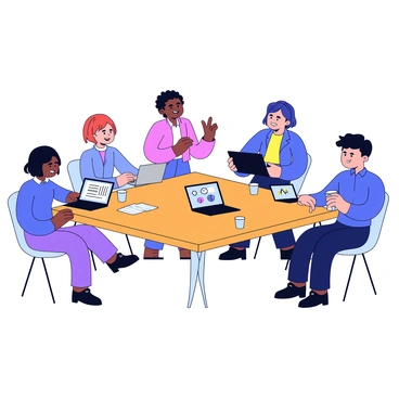 A group of five people gathered around a rectangular wooden table. Each person has a laptop open in front of them, displaying various charts and documents. The individuals have diverse appearances, with different hairstyles and clothing styles. One person is standing and pointing at a laptop screen, while the others are looking at the screen and taking notes. The atmosphere appears dynamic and focused, with papers and coffee cups scattered across the table. The room is well-lit, enhancing the collaborative environment.