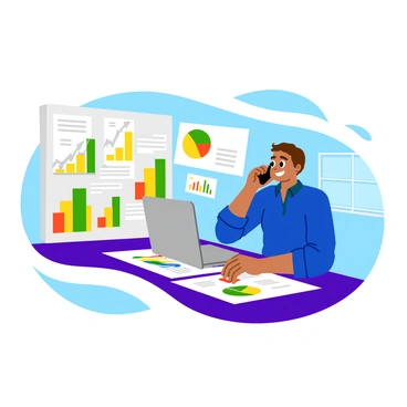 A cheerful sales representative on the phone, surrounded by colorful charts and sales reports