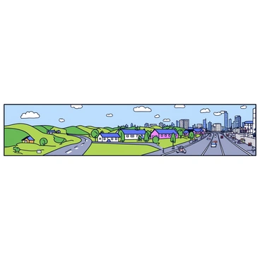A panoramic view depicting a countryside landscape on the left side, featuring rolling green hills, a few scattered farmhouses, and a bright blue sky. Gradually transitioning to the middle of the image, the scene shifts to a suburban area with neat rows of houses, manicured lawns, and small trees. On the right side, the urban area is shown with tall buildings, busy streets filled with cars, and people walking on sidewalks. The sky above retains a blend of blue and soft clouds throughout the scene, illustrating the passage of time in a seamless transition from nature to cityscape.