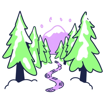 A narrow hiking trail winds through a forest blanketed in snow. The trees on either side are tall and covered in a layer of snow, their branches heavy and drooping. The ground is a mix of white snow and the trail is visible as a path that meanders among the trees. Soft snowflakes are gently falling from the overcast sky. In the distance, the outline of a mountain can be seen, partially obscured by the thick trees. Footprints can be seen leading along the trail, suggesting recent activity.