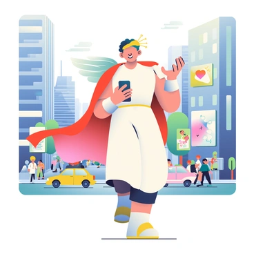 A figure representing the Roman god Mercury is depicted in a modern urban setting. He is wearing a stylish, flowing outfit with winged elements, resembling his traditional depiction but with contemporary fashion flair. Mercury is holding a sleek smartphone in one hand, while the other hand gestures as if he is delivering a message. In the background, a bustling cityscape is present with tall glass buildings, busy streets filled with people, and cars moving in various directions. Bright city lights and advertisements illuminate the scene, adding to the vibrant atmosphere of modern life.