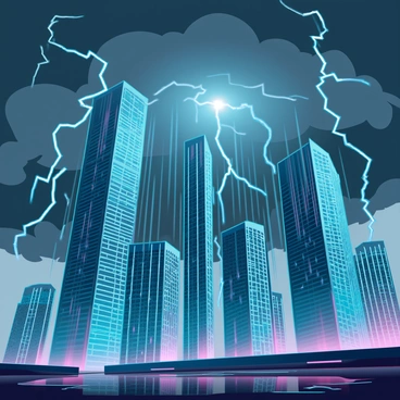 A dramatic city skyline features tall skyscrapers of various designs, their glass facades glimmering under intermittent flashes of lightning. Dark, ominous clouds fill the sky, creating a swirling mass of gray and black. The rain falls heavily, creating streaks across the buildings. Occasional bolts of lightning illuminate the scene, casting bright reflections on the wet surfaces below. The atmosphere is charged with energy, and the silhouettes of the buildings stand strong against the tumultuous backdrop of the storm.
