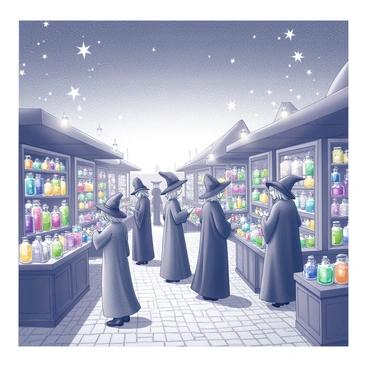 A bustling market scene filled with various stalls. Each stall is adorned with various bottles and jars containing colorful potions, showcasing unique shapes and sizes. Witches of differing appearances are engaged in conversation with customers, wearing cloaks and hats that reflect their individual styles. Some witches are pouring potions from one container to another, while others display magical trinkets such as crystals, charms, and amulets. The sky above is filled with twinkling stars, casting a soft glow over the market, providing an enchanting atmosphere. Several lanterns hang from the stalls, illuminating the surroundings with a warm light. The ground is cobbled, adding to the charm of the market setting.