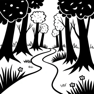 A winding path meanders through a dense forest, with tall trees lining both sides. The sunlight filters through the canopy, casting intricate patterns of light and shadow on the ground. Leaves rustle gently in the breeze, and textured bark can be seen on the trunks. Sparse patches of wildflowers peek out from the underbrush, adding variety to the foliage.