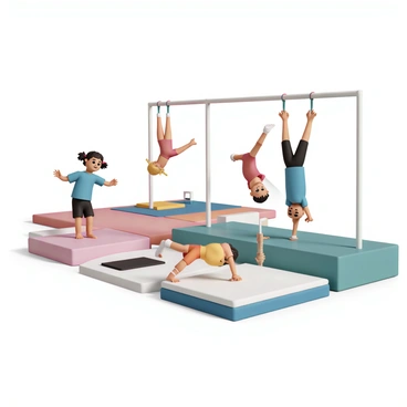 A gymnastics class with several young children actively participating. One child, a girl with curly brown hair tied in pigtails, is performing a handstand on a balance beam. Another child, a boy wearing a blue shirt and black shorts, is swinging on a high bar with a focused expression. Nearby, a girl in a red leotard is practicing a cartwheel on a mat, while a boy with short blonde hair is attempting to jump on a trampoline. The gym is filled with colorful mats, beams, and equipment, creating a lively atmosphere as the children encourage each other.
