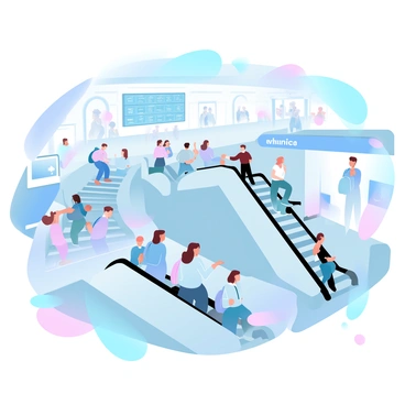 A busy subway station with people moving between levels on stairs and escalators