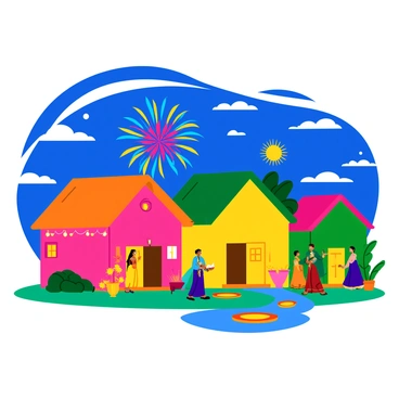 A vibrant Diwali festival scene showcasing homes adorned with colorful strings of lights, illuminating facades in warm yellows, pinks, and greens. Each house features decorative elements like rangoli designs at the entrances. In the background, a sky filled with bright fireworks bursts, showcasing lively colors of red, blue, and gold. The atmosphere is filled with joy and celebration, as people in traditional attire gather outside, enjoying the festivities.
