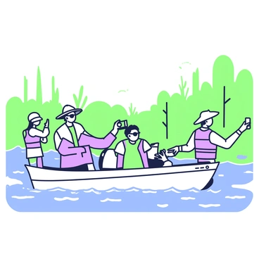 A group of tourists is on a boat, taking photos of the Congo River. The tourists, wearing summer hats and sunglasses, are standing at the sides of the boat, holding up their cameras and smartphones to capture the view. The water of the river is flowing, reflecting the greenery along the banks. In the background, there are tall trees and plants that line the river, adding to the natural scenery. A tour guide at the front of the boat is pointing out features of the landscape while wearing a life vest. The sky above is clear, allowing for bright daylight, enhancing the colors of the scene.