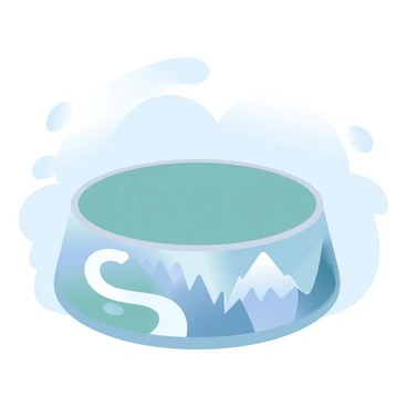 A dog bowl is placed on the ground, featuring a detailed illustration of a mountain landscape that fills its outer surface. The mountains are depicted with various peaks, showing shades of green and grey, while the hiking trail winds around the base, represented by a winding path that leads into the distance. The bowl's interior is a solid color, complementing the scenic design, which stands out against a soft background that mimics the outdoors.