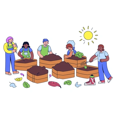 A community composting site with several wooden compost bins arranged in a semi-circle. There are a few people actively engaged in turning the compost. One person is wearing a green apron and using a pitchfork to aerate the pile, while another person is adding kitchen scraps into one of the bins. The scene includes an assortment of leaves and vegetable scraps scattered around the area. A bright sun is shining down, casting soft shadows on the ground.