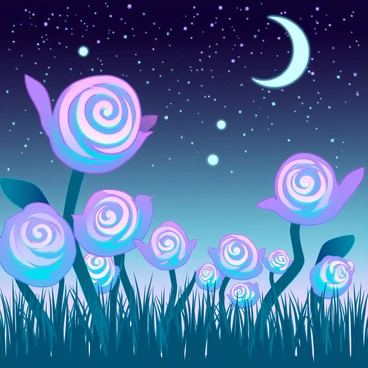 An enchanted garden filled with vibrant flowers that resemble spiral galaxies, featuring intricate patterns in shades of purple, blue, and white. Each flower appears to be in motion, with petals unfurling like cosmic spirals. The garden is surrounded by tall, lush green grass, creating a vivid contrast with the colorful blooms. Above, a twinkling sky filled with countless stars sparkles in a deep indigo hue, with a crescent moon casting a gentle glow over the scene. In the distance, softly glowing orbs of light float among the flowers, adding to the magical atmosphere.