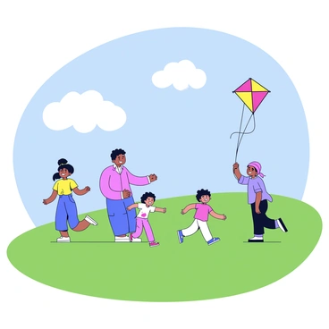 A sunny meadow with green grass stretching across the landscape. In the middle of the meadow, a family consisting of a mother, father, and two children is flying a colorful kite. The kite has a bright red design with yellow accents. The parents are standing together, smiling, while one child runs with the string, and the other jumps with excitement. Above them, the clear blue sky is dotted with a few fluffy white clouds.