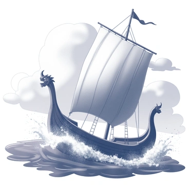 A Viking ship with a long, narrow hull is prominently depicted, cutting through tumultuous waves that rise high around it. The ship has a dragon figurehead intricately carved on its prow, showcasing fierce detailing. The ship's sails are taut against the fierce wind, fully extended as it battles the storm. Dark clouds loom overhead, creating a dramatic atmosphere, while the churning sea sends splashes of water against the sides of the vessel. The scene conveys a sense of adventure and determination as the ship navigates through the chaos of the storm.