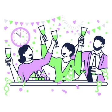 A festive New Year's Eve party scene is unfolding. Various coupe glasses are raised high in celebration, sparkling with bubbly liquid. In the background, colorful decorations hang from the ceiling, and a large clock on the wall shows the time approaching midnight. A group of cheerful guests, dressed in elegant attire, are clinking their glasses together, smiling and laughing. On a nearby table, a platter of hors d'oeuvres is displayed, alongside a stack of party hats. Streamers and confetti are scattered on the table and floor, capturing the spirit of the evening.