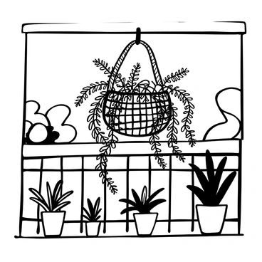 A hanging basket filled with cascading ferns, showcasing long, delicate fronds that gracefully trail downwards. The basket is intricately woven, with visible texture and design. Surrounding the basket are a few small potted plants displayed on the railing of the balcony. The sunlight creates intricate shadows on the balcony floor, enhancing the details of the plants. In the background, the silhouette of a railing and blurred outlines of other plants can be seen, creating a sense of depth.
