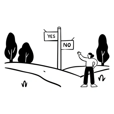 A person standing at a crossroads with a sign featuring two arrows, one labeled "Yes" and the other labeled "No." The figure is dressed in casual clothing, with a body posture indicating tension. Surrounding the person, there are trees and a dirt path leading in both directions. The sign is made of wood and prominently positioned at the center of the scene.