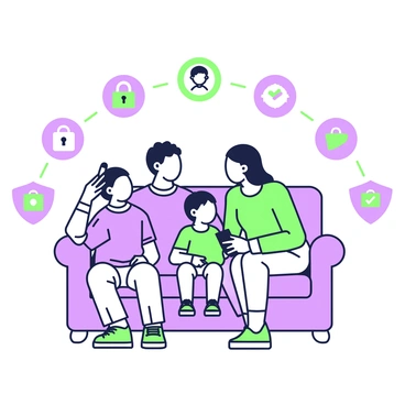 A family is seated together on a comfortable couch in a cozy living room. The parents, a man and a woman, are sitting side by side, while two children, a boy and a girl, are positioned across from them. The woman is holding a smartphone and pointing towards it, while the man is looking at the children, engaging in the conversation. The boy has a curious expression, and the girl appears attentive. Surrounding the family, there are various icons representing security, such as a padlock, a shield, and a checkmark. Each icon is arranged in a circular formation around the family, emphasizing their discussion on online safety.