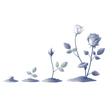 A detailed illustration depicting the growth cycle of a rose. The first stage shows a small seed resting in the soil. The second stage features a sprout emerging from the ground, with tiny green leaves starting to unfold. The third stage illustrates the plant as it grows taller, with more developed leaves and a budding flower beginning to form. The fourth stage captures the rosebud, still closed but with visible layers. The final stage displays the fully bloomed rose, with open petals revealing the intricate structure within. Each stage is clearly labeled for easy identification.