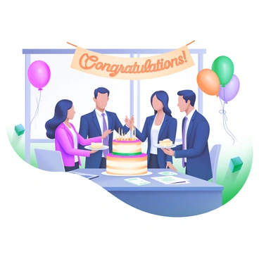 A modern pastel illustration depicting a group of four professionals celebrating a milestone in an office setting. The scene includes a large, beautifully decorated cake with colorful icing and candles on a table. Balloons in soft pastel colors float around the room, and a banner hangs overhead reading "Congratulations!" in elegant lettering. The professionals are dressed in business attire, smiling and gathered around the table, with one person holding a slice of cake on a plate. There are office supplies, such as a laptop and documents, visible on the table, adding to the workspace atmosphere.