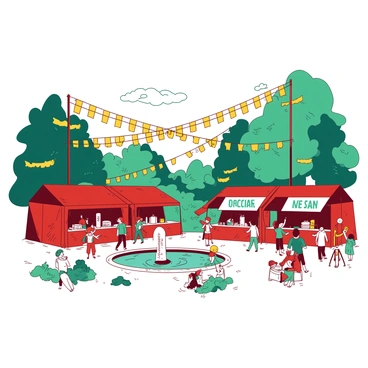 A red park in Caen is filled with lush greenery and vibrant decorations for a festival. Colorful banners in shades of yellow and teal are strung between trees, fluttering gently in the breeze. Stalls with eco-friendly advertisements showcase local crafts and organic products, attracting groups of people enjoying the festivities. Children are playing near a large fountain, while cheerful music fills the air, creating an inviting atmosphere.
