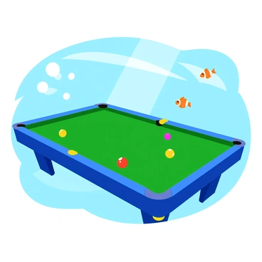 A green billiard table submerged underwater with colorful fish swimming around it. The table features blue felt and yellow-striped pockets, and several billiard balls are scattered across its surface. Brightly colored tropical fish, such as clownfish and angelfish, glide gracefully through the water. Sunlight filters down from the surface, creating shimmering patterns on the table and illuminating the scene. Bubbles rise to the surface, adding to the playful atmosphere of the underwater setting.