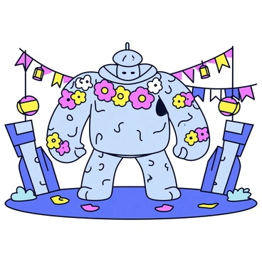 A golem participating in a vibrant festival, decorated with flowers and lanterns.