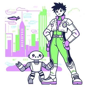 An anime protagonist with spiky hair stands confidently in a futuristic city. The character is wearing a sleek, high-tech outfit with various gadgets visible. Beside the protagonist, there is a friendly robot companion, small and round, with expressive eyes and a metal exterior. The robot is hovering slightly above the ground, with its mechanical arms extended. In the background, towering skyscrapers with neon lights can be seen, along with flying vehicles zooming past. The sky is filled with vibrant streaks, indicating advanced technology and energy flow.
