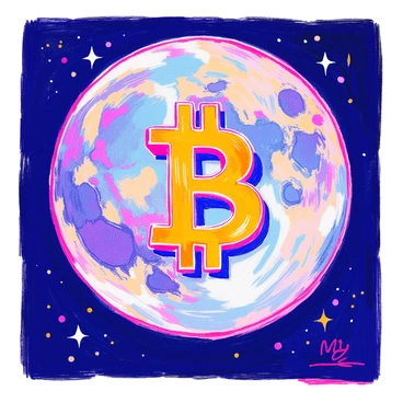 An illustration of the moon displays a large, detailed lunar surface with visible craters and textures. Embedded on the surface is a prominent "bitcoin symbol," intricately carved into the moon's grayish landscape. The moon is depicted in a dark sky, with a few scattered stars twinkling around it. The bitcoin symbol contrasts sharply against the moon's surface, highlighting its golden hue. The overall composition emphasizes the unique integration of the symbol with the natural features of the moon.
