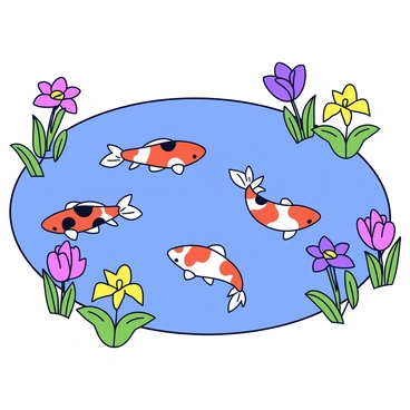 A vibrant pond with clear blue water. Several koi fish with bright orange, white, and black patterns swim gracefully throughout the pond. Along the water's edge, various spring flowers bloom, including yellow daffodils, pink tulips, and purple irises. The flowers have green leaves that frame the sides of the pond, adding a lively touch to the scene.