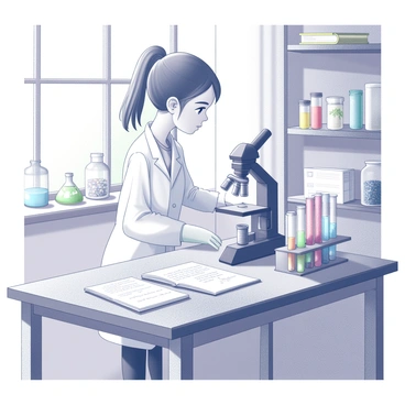 A girl is standing at a wooden table in her home lab. She has long hair pulled back in a ponytail and is wearing a white lab coat. Various test tubes filled with colorful liquids are arranged neatly in a test tube rack beside her. In front of her, a microscope is positioned, and she is looking through it attentively. The table is cluttered with science equipment, including a beaker and a notebook filled with handwritten notes. Shelves in the background hold jars of specimens and textbooks. Natural light streams in through a nearby window, illuminating the scene.