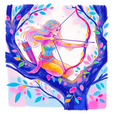 An elegant elf archer is perched gracefully on a sturdy tree branch. The elf has long, flowing hair adorned with leaves and delicate flowers. They are dressed in a fitted tunic with intricate designs and soft, flowing sleeves. The elf is holding a glowing bow, with the light radiating softly, illuminating the surrounding leaves. Their keen eyes are focused on an unseen target, with a quiver of arrows securely attached to their back. The tree branch is covered in green foliage, and the atmosphere is filled with the vibrant colors of nature.