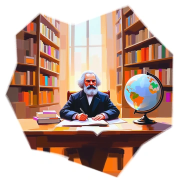 Karl Marx is depicted sitting in a grand library, surrounded by towering bookshelves that are filled with numerous tomes and volumes of various sizes. He has a thick beard and is wearing a dark, formal coat. He is seated at a large wooden table, with a quill and parchment in front of him. The library is illuminated by warm, soft light filtering through large, arched windows. Ornate details adorn the bookshelves, and an elaborate globe sits in the corner of the room, enhancing the scholarly atmosphere.