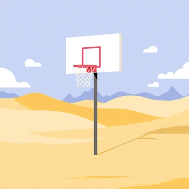 A basketball hoop stands tall in the center of a vast desert landscape, surrounded by rolling dunes of golden sand. The sky above is a clear blue, with a few fluffy white clouds scattered throughout. The sun casts sharp shadows from the hoop onto the sand, creating a stark contrast between the bright sunlight and the warm tones of the desert. In the background, distant mountains are faintly visible, adding depth to the scene. The hoop is bright red, and its net sways gently in the soft breeze.