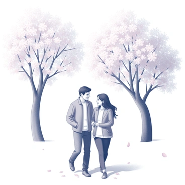 A couple walking closely together under a canopy of cherry blossom trees. The trees are adorned with clusters of blossoms, creating a soft, textured background. Petals are gently falling around them, adding a sense of motion to the scene. The couple appears engaged in conversation, with smiles on their faces, as they stroll along a path lined with fallen petals. One person is wearing a light jacket, while the other is dressed in a comfortable sweater, both embodying an atmosphere of warmth and connection.