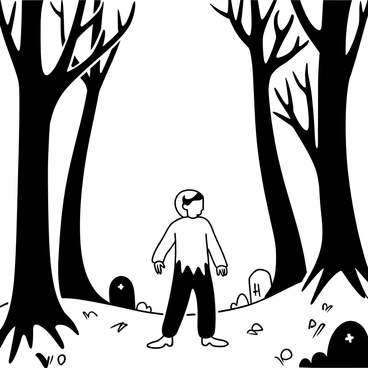 A ghostly figure dressed in tattered, flowing garments is wandering through a misty forest. The trees are tall and twisted, their branches reaching out like skeletal hands. Wisps of fog curl around the gnarled roots and undergrowth. In the distance, faint outlines of gravestones can be seen, partially obscured by the mist. The ground is scattered with fallen leaves and small stones, enhancing the eerie atmosphere. The figure moves slowly, as if searching for something lost in the shadows of the trees.