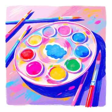 An artist's palette is positioned on a wooden table. The palette contains eight distinct dabs of paint in vibrant colors, with one dab noticeably larger than the others. The larger dab is a rich shade of blue, while the smaller dabs include bright red, sunny yellow, deep green, and other hues. Each dab is shaped irregularly, showing the creamy texture of the paint. A few paintbrushes are scattered around the palette, with bristles stained in various colors.