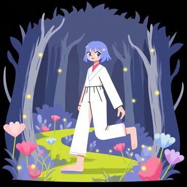 An anime character with vibrant blue hair wearing a flowing white outfit is wandering through an enchanted forest. The character has large, expressive eyes and a curious expression. Surrounding the character are glowing flowers in various colors, including pink, purple, and blue, lighting up the forest path. Tall, ancient trees with twisting branches provide a mystical backdrop, while soft, shimmering lights float gently through the air, enhancing the magical atmosphere of the scene. The ground is covered in a lush green carpet of moss and small plants, creating a serene environment.