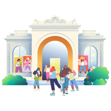 The exterior of a renowned museum in Montpellier is depicted with a grand entrance featuring large, elegantly arched doors. The building's façade is adorned with intricate architectural details and large windows that allow glimpses of the exhibits inside. Several visitors, of diverse backgrounds, are entering and exiting; some are taking photos, while others are engaged in conversation. A couple of people are holding guidebooks, and a family with children is seen excitedly approaching the entrance. Lush greenery surrounds the museum, enhancing the vibrant atmosphere of the scene.