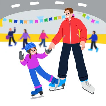 A skating instructor wearing a bright red jacket stands beside a beginner skater on a smooth ice rink. The instructor has short brown hair and is demonstrating the correct skating posture. The beginner skater, dressed in a blue helmet and gray gloves, looks slightly unsteady but is concentrating on following the instructor's guidance. The rink is bustling with other skaters in the background, and colorful banners hang from the walls. The ice surface reflects the bright overhead lights, creating a lively atmosphere.