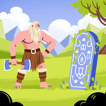 A muscular barbarian with long hair and fur clothing stands in a lush, green valley. He is holding a large axe in one hand while gazing intently at a glowing ancient rune stone that is partially covered in vines and moss. The rune stone features intricate carvings and emits a soft blue light, illuminating the surrounding area. In the background, there are distant mountains shrouded in mist and a few ancient trees with twisting branches. The sky above is a vibrant blue with fluffy white clouds.