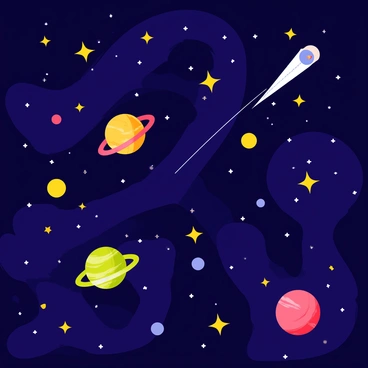 A colorful galaxy with a deep indigo background filled with swirling stars in shades of yellow and white. Bright planets in various colors, including red, green, and blue, are scattered throughout the scene. Some planets have rings around them, while others are dotted with craters. A comet with a long tail streaks across the galaxy, adding dynamic movement to the composition.