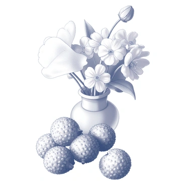 A still life arrangement featuring a cluster of lychees, their textured skin visible, placed next to a variety of flowers with distinct shapes and sizes. The flowers are arranged in a vintage glass vase, showcasing intricate patterns and curves. The composition includes elements of depth, with some lychees placed in the foreground, while others are partially obscured behind the vase. The glassware reflects light, creating subtle highlights on its surface. The overall scene is carefully balanced, presenting a harmonious blend of the organic forms of the fruit and flowers alongside the elegant lines of the glass.