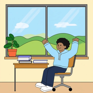 A young student with medium skin and curly black hair, wearing a light blue hoodie and dark jeans. They are sitting at a wooden desk with books scattered around. The student has their arms stretched above their head, with a content expression on their face, taking a break from studying. They are gazing out a large window, which frames a vibrant scenic view of green hills and a clear blue sky. The classroom is filled with natural light, and there is a potted plant on the windowsill, adding to the fresh atmosphere.