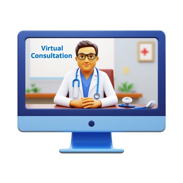 A computer screen displaying a virtual medical consultation. The screen showcases a doctor in a white coat, wearing glasses, and looking attentively at the camera. The background features a soft, neutral color that emphasizes the professional environment. On the side, there is a stethoscope placed on the desk, adding to the medical theme. The doctor is smiling slightly, creating a welcoming atmosphere. Text on the screen reads "Virtual Consultation", clearly visible in bright letters.
